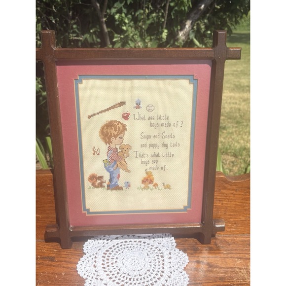 Handmade Other - Vtg 70s Little Boys Framed Black Forest Rustic Cross Stitch Picture Cottagecore
